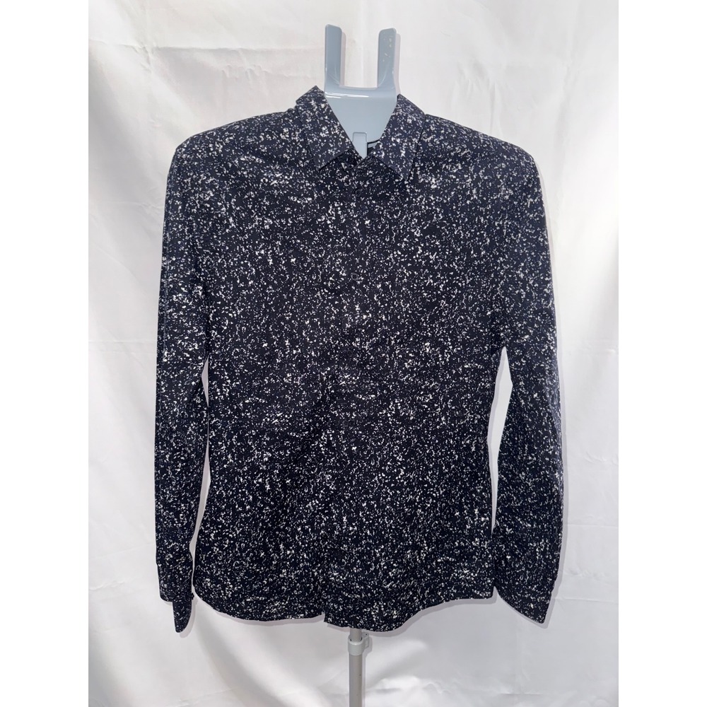 Mens Splatter Print Button Down Shirt Long Sleeve Navy Blue White Patterned -M